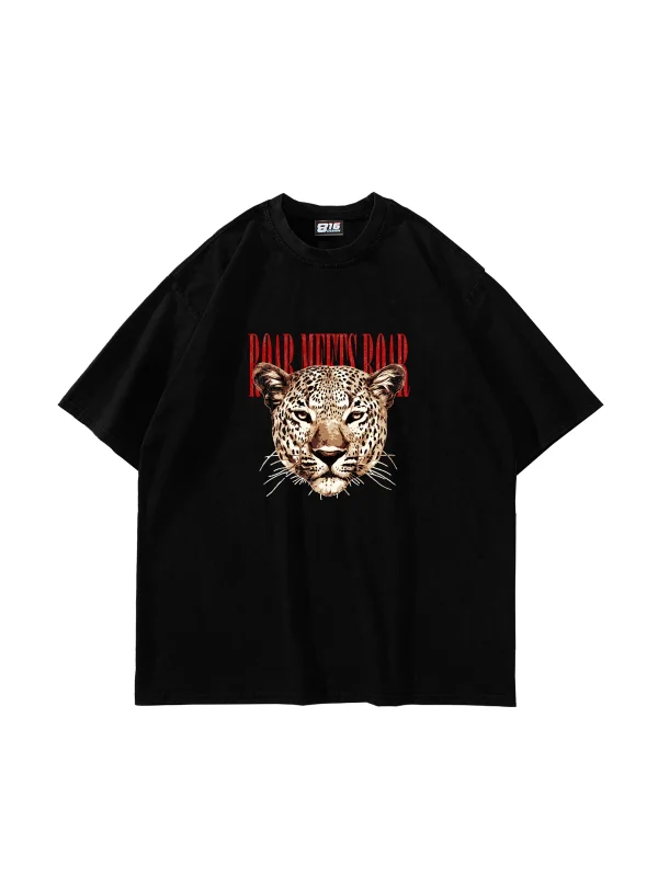 Roar Meets Baskılı Oversize Unisex Siyah Tshirt