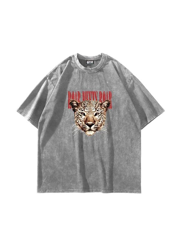 Roar Meets Baskılı Oversize Unisex Yıkamalı Beyaz Tshirt