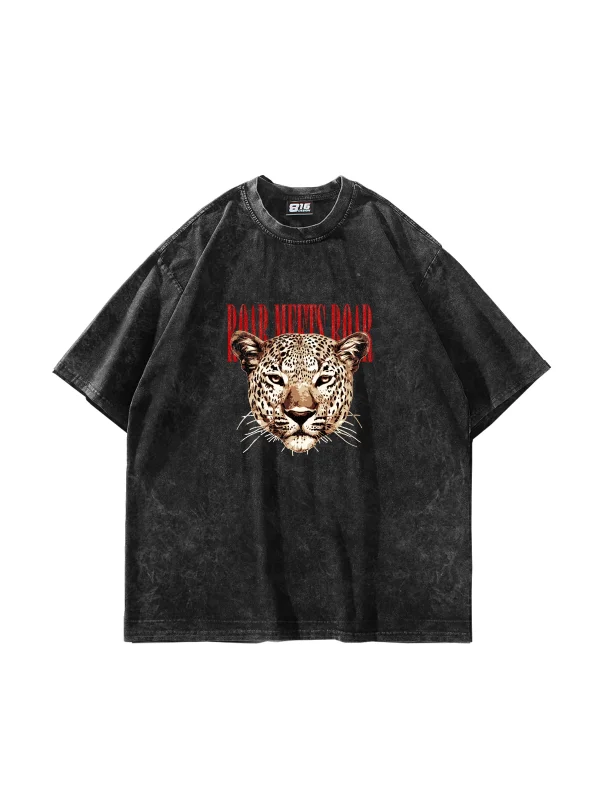 Roar Meets Baskılı Oversize Unisex Yıkamalı Siyah Tshirt