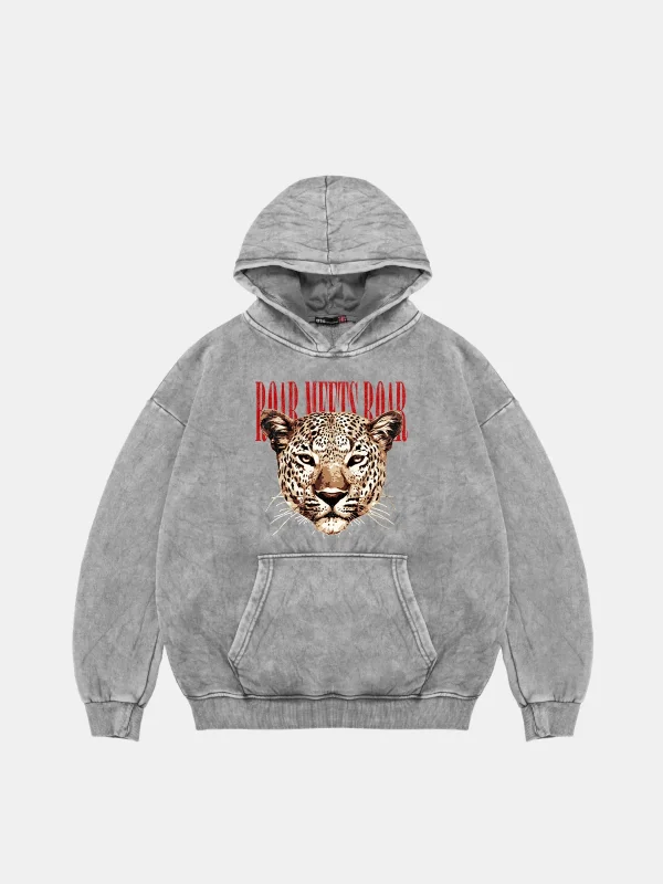 Roar Meets Oversize Unisex Yıkamalı Beyaz Hoodie
