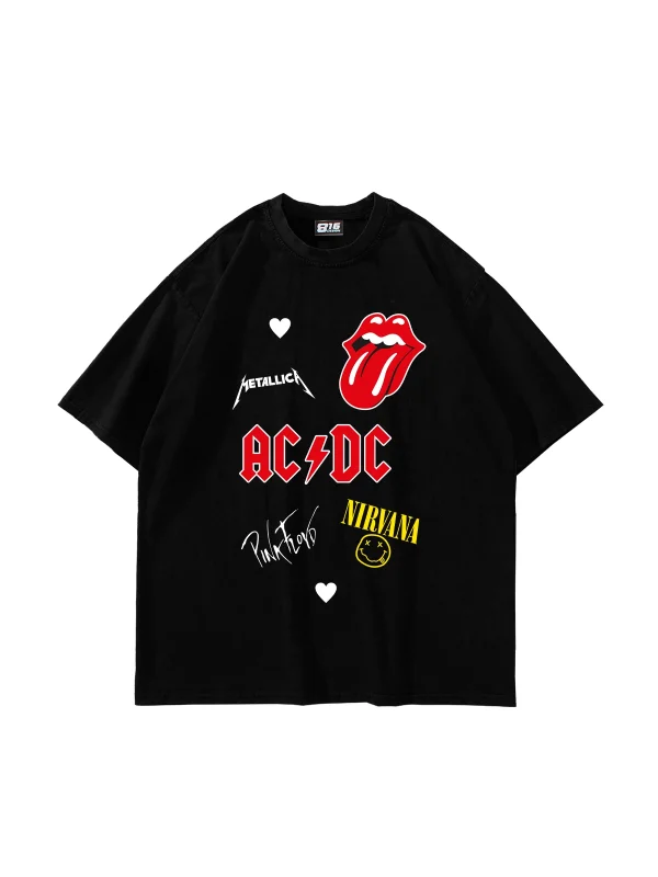 Rock N Roll Baskılı Oversize Unisex Siyah Tshirt