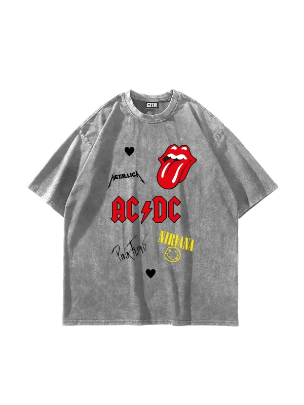 Rock N Roll Baskılı Oversize Unisex Yıkamalı Beyaz Tshirt