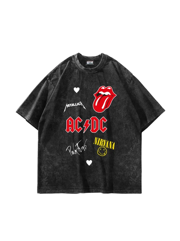 Rock N Roll Baskılı Oversize Unisex Yıkamalı Siyah Tshirt