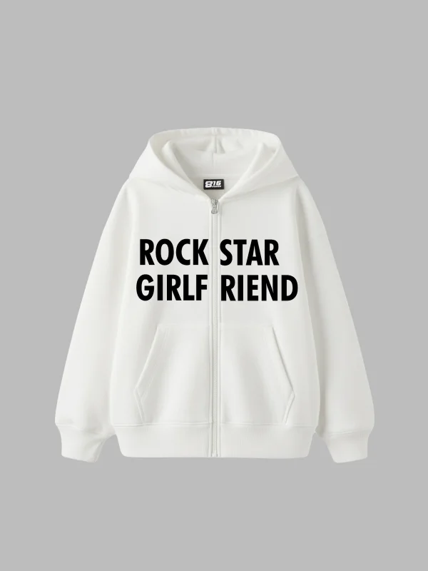 Rockstar Girlfriend Fermuarlı Zip Kapüşonlu Unisex Beyaz Sweatshirt