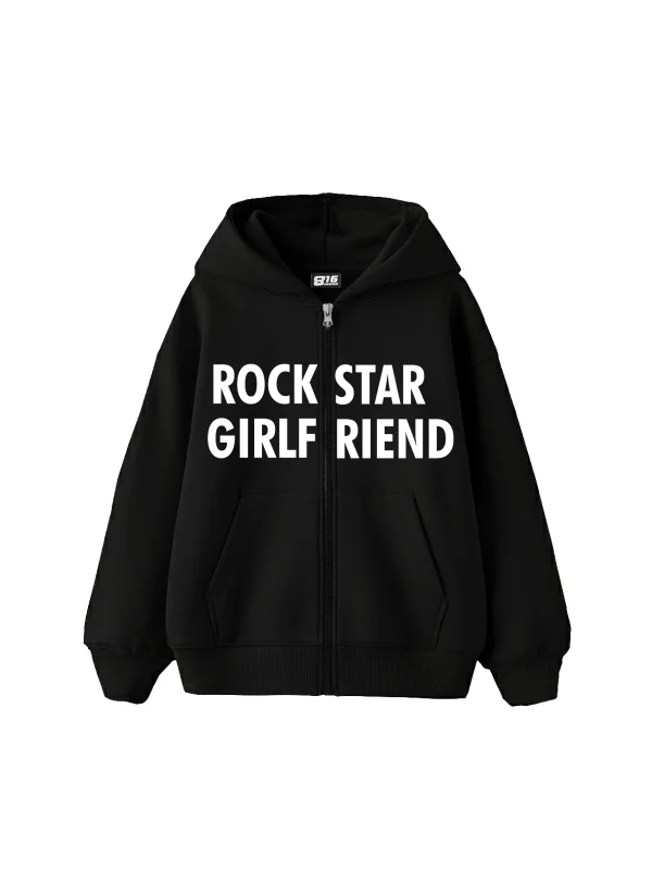 Rockstar Girlfriend Fermuarlı Zip Kapüşonlu Unisex Siyah Sweatshirt
