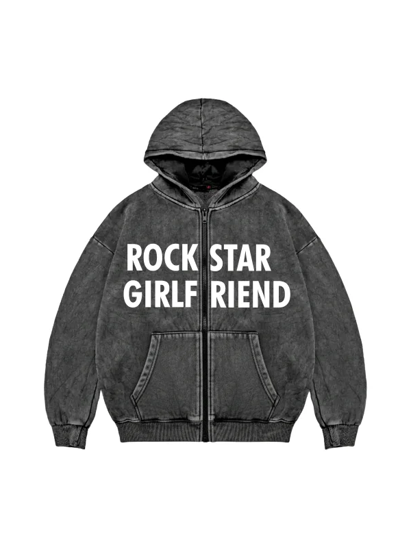 Rockstar Girlfriend Fermuarlı Zip Kapüşonlu Unisex Yıkamalı Siyah Sweatshirt