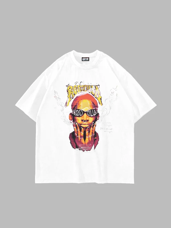 Rodzilla Baskılı Oversize Unisex Beyaz Tshirt