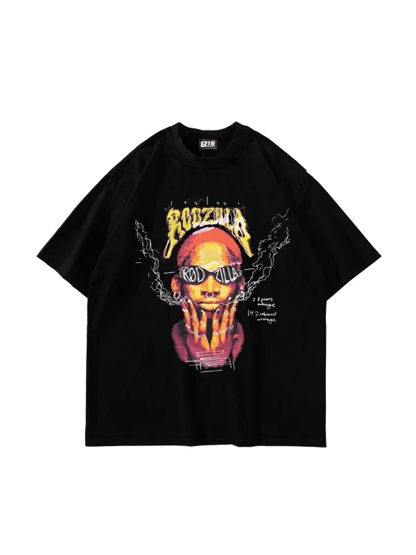 Rodzilla Baskılı Oversize Unisex Siyah Tshirt