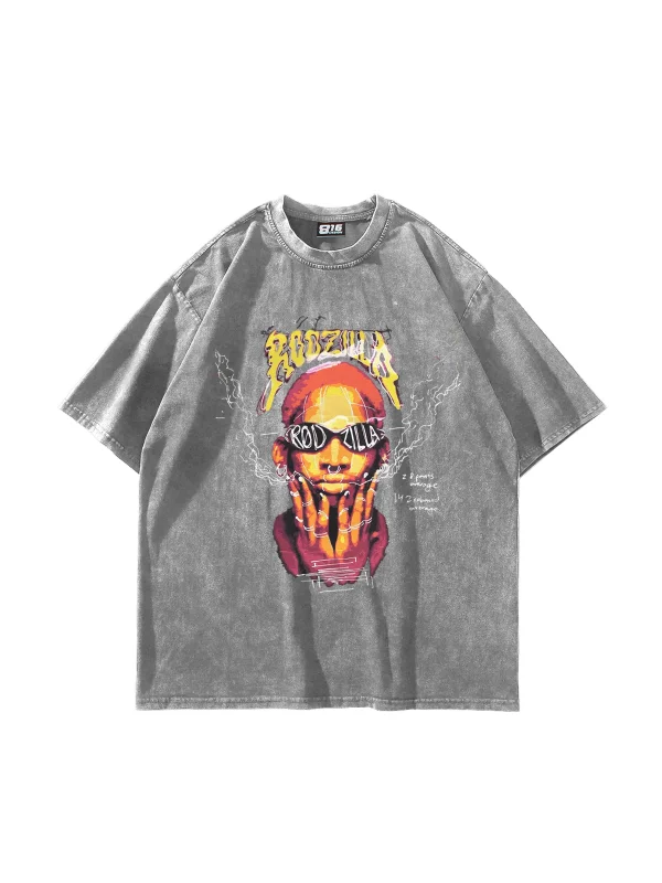 Rodzilla Baskılı Oversize Unisex Yıkamalı Beyaz Tshirt