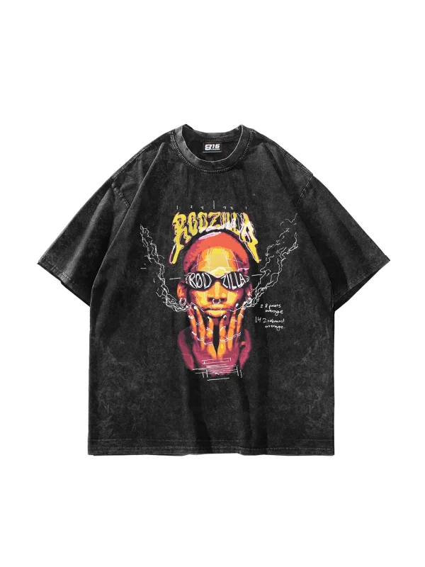 Rodzilla Baskılı Oversize Unisex Yıkamalı Siyah Tshirt
