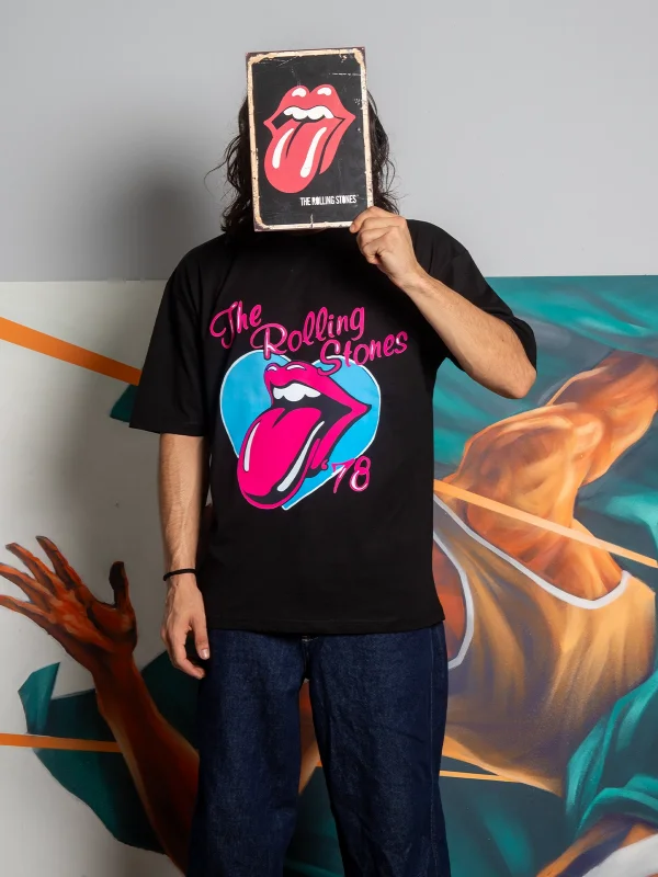 Rolling Stones Baskılı 24/1 Oversize Unisex Siyah Tshirt