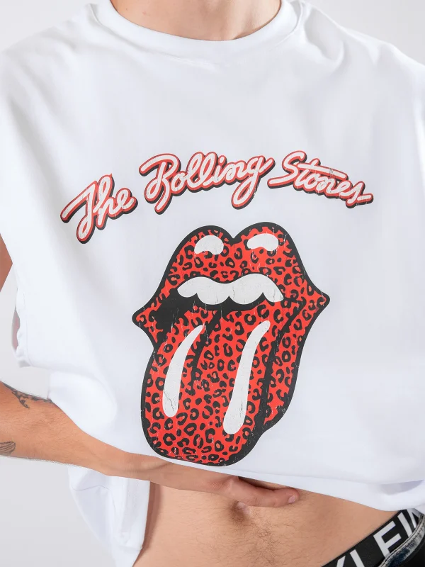 Rolling Stones Baskılı Beyaz Sıfır Kol Tişört