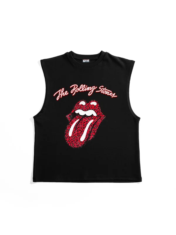 Rolling Stones Baskılı Siyah Sıfır Kol Tişört