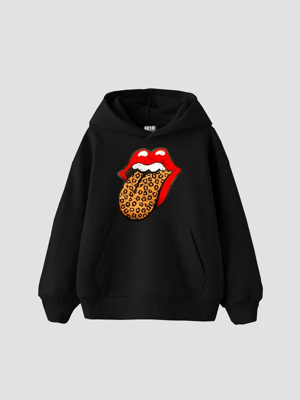 Rolling Stones Leopar Baskılı Oversize Unisex Siyah Hoodie