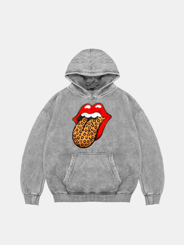 Rolling Stones Leopar Baskılı Oversize Unisex Yıkamalı Beyaz Hoodie