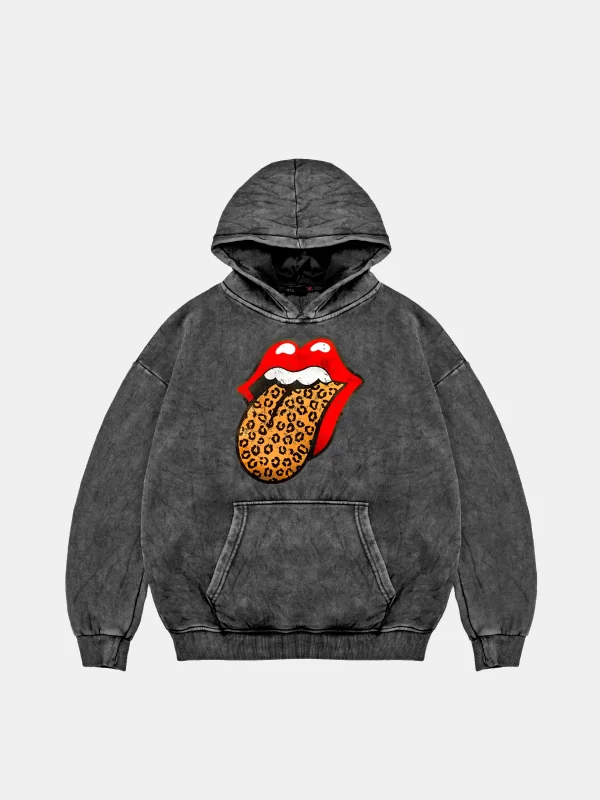 Rolling Stones Leopar Baskılı Oversize Unisex Yıkamalı Siyah Hoodie