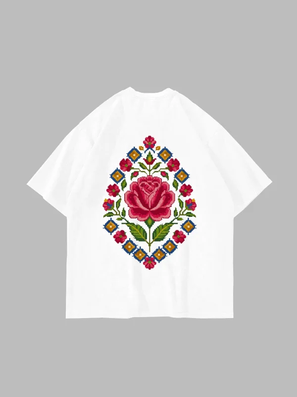 Rose-Face Baskılı Oversize Unisex Beyaz Tshirt