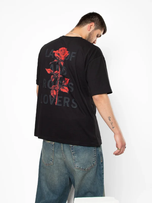 Roses Lovers Baskılı Oversize Unisex Siyah Tshirt