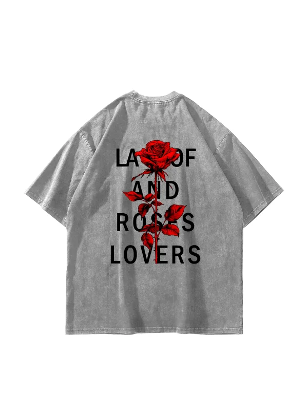 Roses Lovers Baskılı Oversize Unisex Yıkamalı Beyaz Tshirt