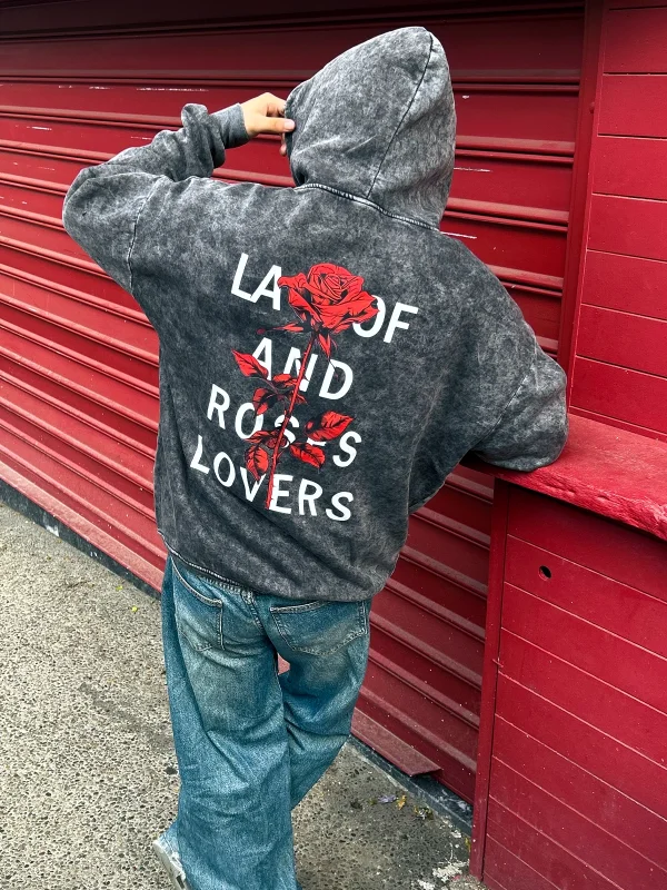 Roses Lovers Baskılı Oversize Unisex Yıkamalı Siyah Hoodie