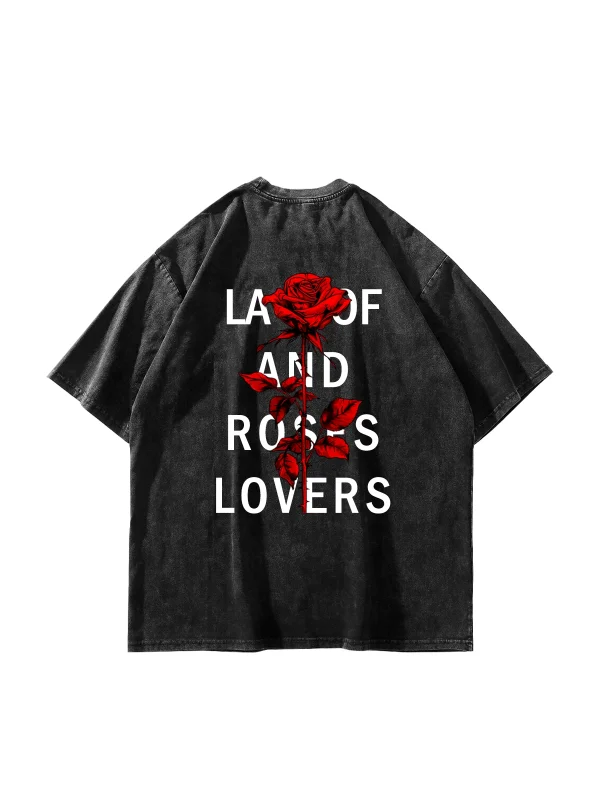 Roses Lovers Baskılı Oversize Unisex Yıkamalı Siyah Tshirt