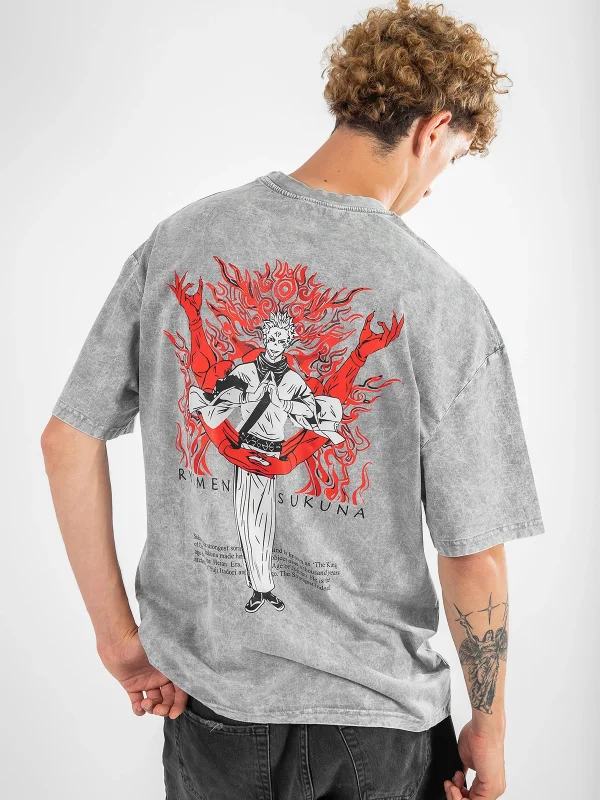 Ryomen Sukuna Baskılı Oversize Unisex Yıkamalı Beyaz Tshirt