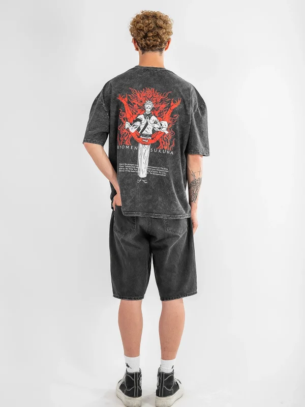 Ryomen Sukuna Baskılı Oversize Unisex Yıkamalı Siyah Tshirt