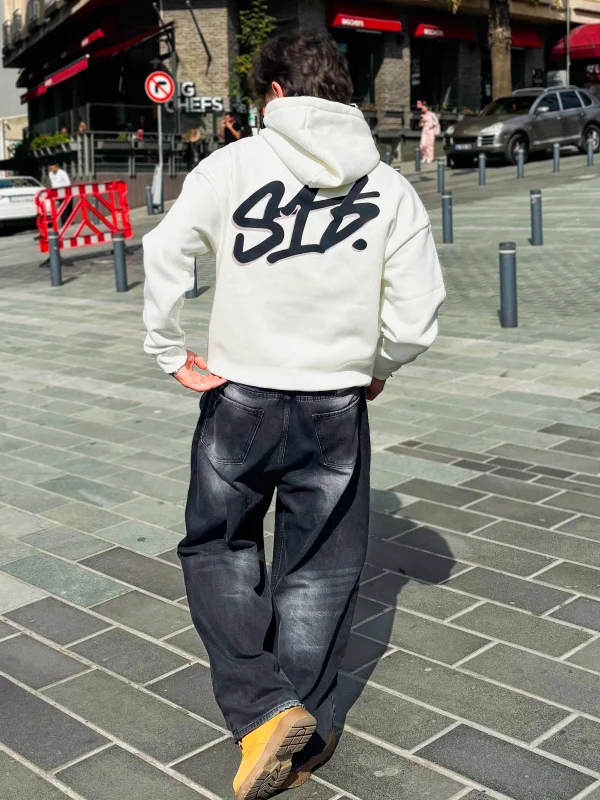 S16 Baskılı Oversize Unisex Beyaz Hoodie