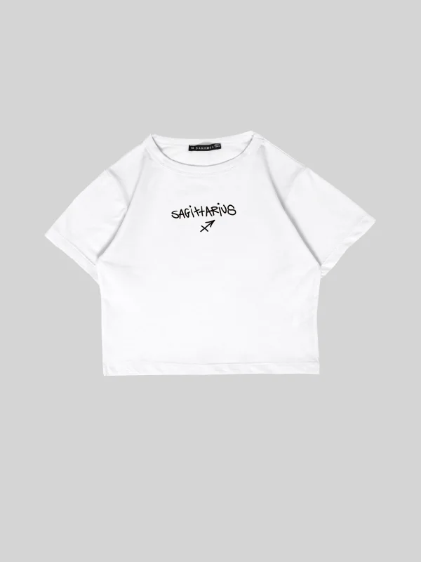 Sagittarius Baskılı Beyaz Crop Top