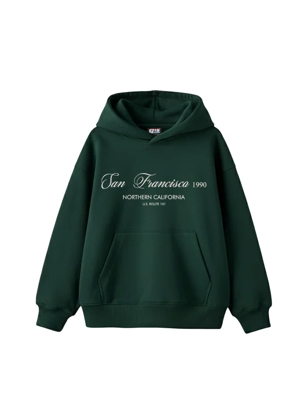 San Francisco 1990 Baskılı Oversize Unisex Koyu Yeşil Hoodie