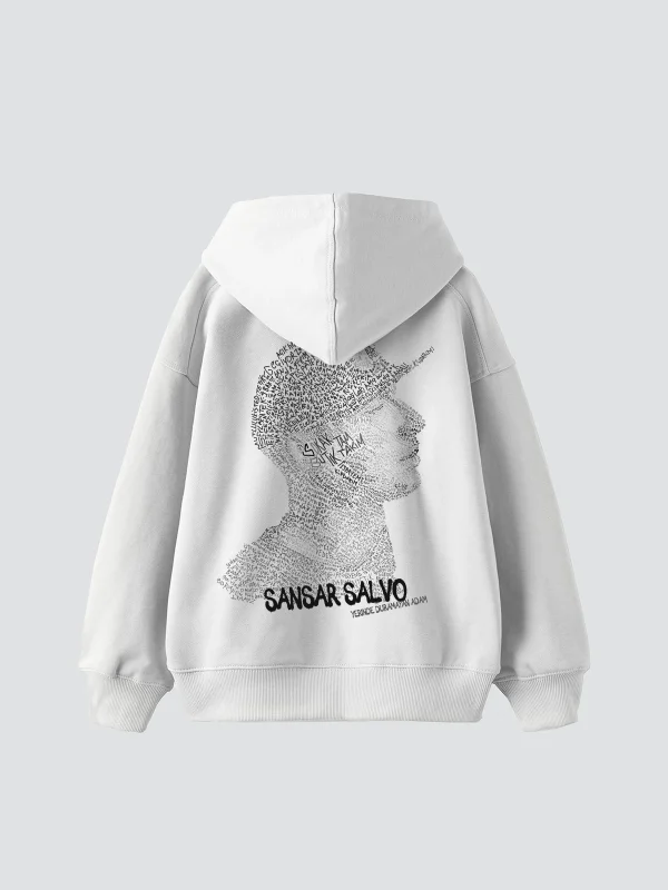 Sansar Salvo Baskılı Oversize Unisex Beyaz Hoodie