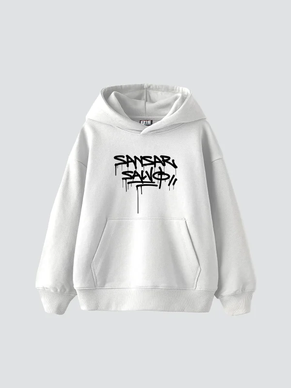 Sansar Salvo Baskılı Oversize Unisex Beyaz Hoodie