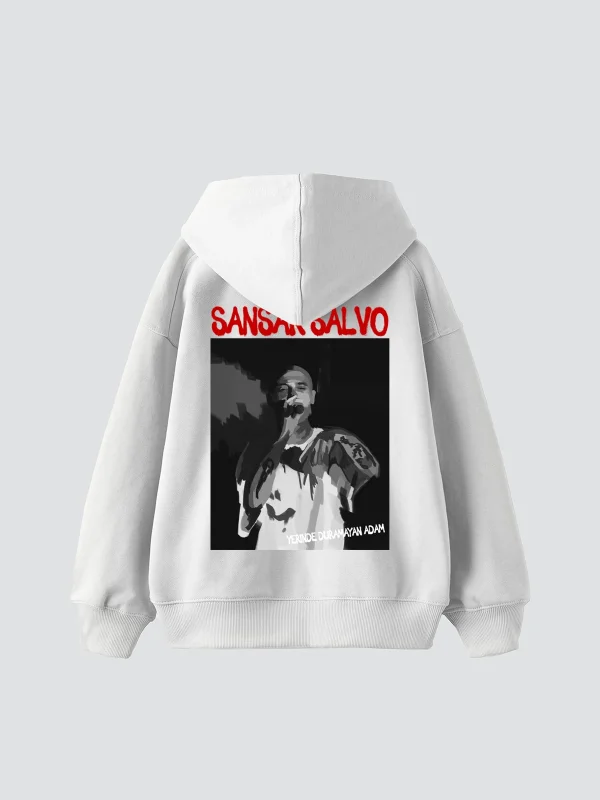 Sansar Salvo Baskılı Oversize Unisex Beyaz Hoodie