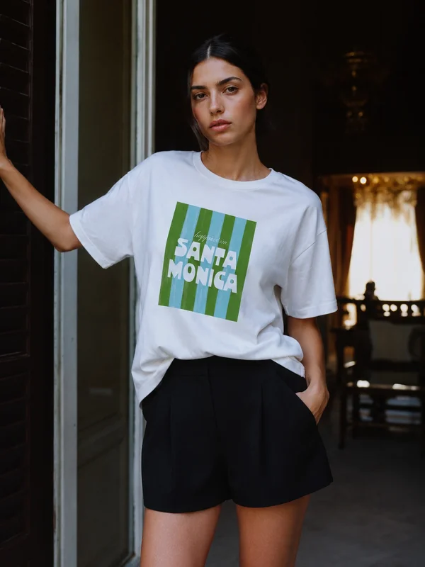 Santa Monica Baskılı Relaxed Fit Beyaz Kadın Tshirt