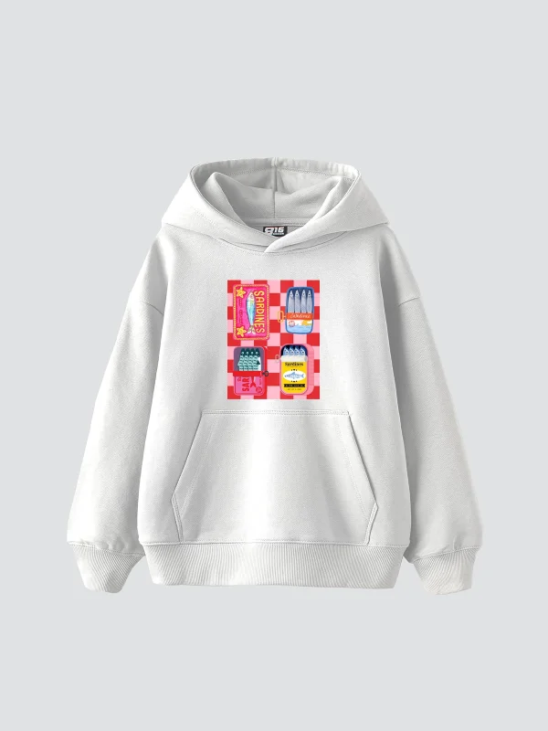 Sardines Baskılı Oversize Unisex Beyaz Hoodie