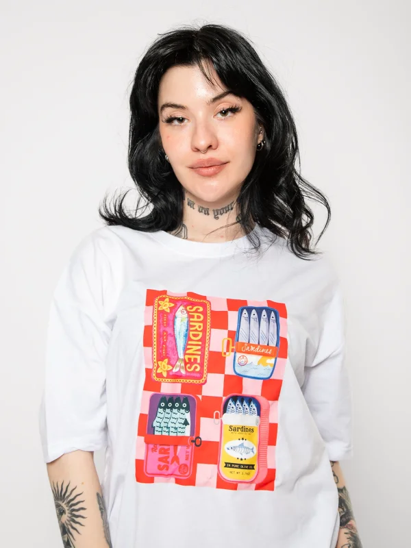 Sardines Baskılı Oversize Unisex Beyaz Tshirt