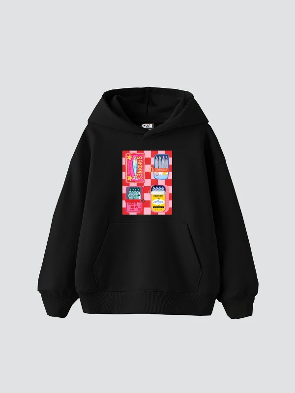 Sardines Baskılı Oversize Unisex Siyah Hoodie