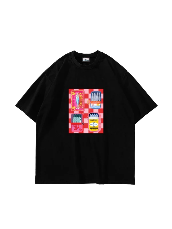 Sardines Baskılı Oversize Unisex Siyah Tshirt