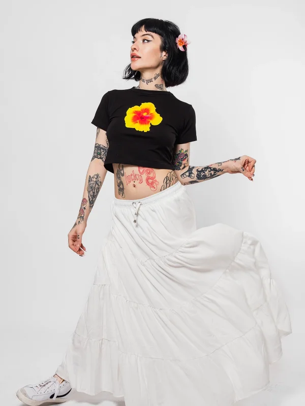 Sarı Çiçek Baskılı Siyah Crop Top