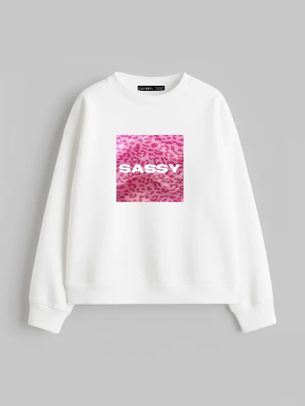 Sassy Baskılı Kapüşonsuz Relaxed Fit Kadın Beyaz Sweatshirt