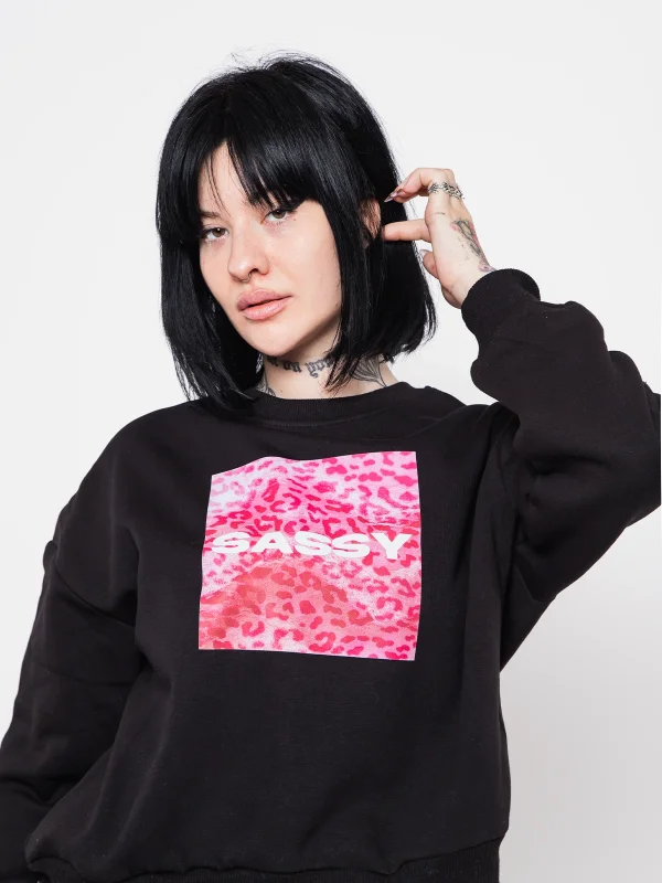 Sassy Baskılı Kapüşonsuz Relaxed Fit Kadın Siyah Sweatshirt