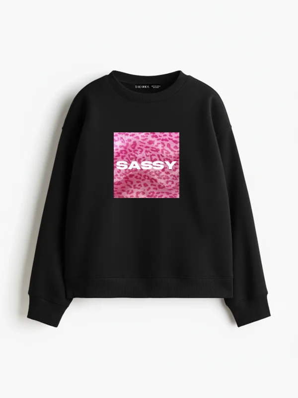 Sassy Baskılı Kapüşonsuz Relaxed Fit Kadın Siyah Sweatshirt