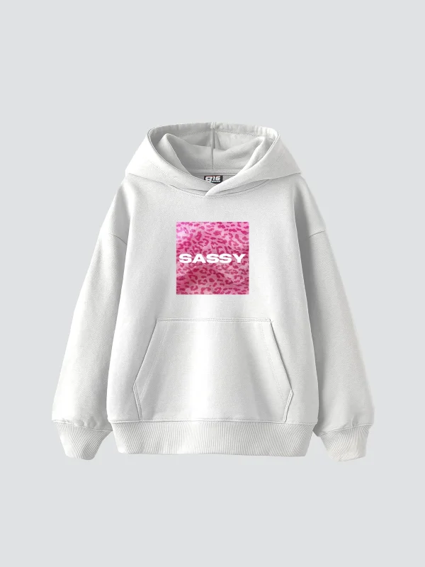 Sassy Baskılı Oversize Unisex Beyaz Hoodie