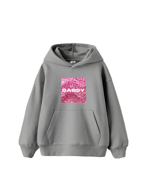 Sassy Baskılı Oversize Unisex Gri Hoodie