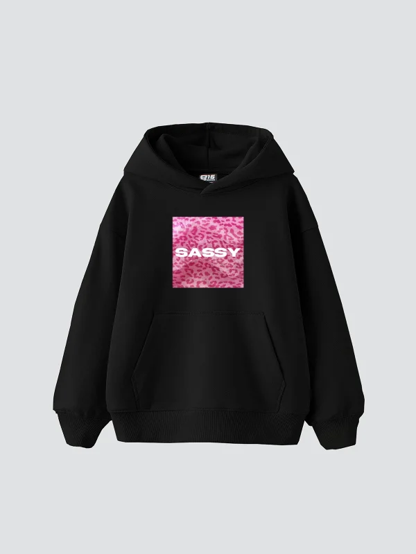 Sassy Baskılı Oversize Unisex Siyah Hoodie