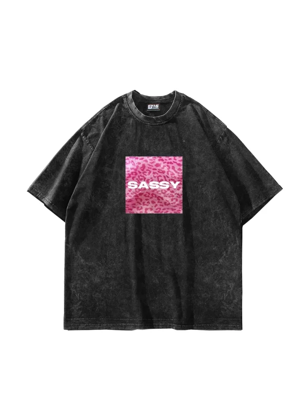 Sassy Baskılı Oversize Unisex Yıkamalı Siyah Tshirt