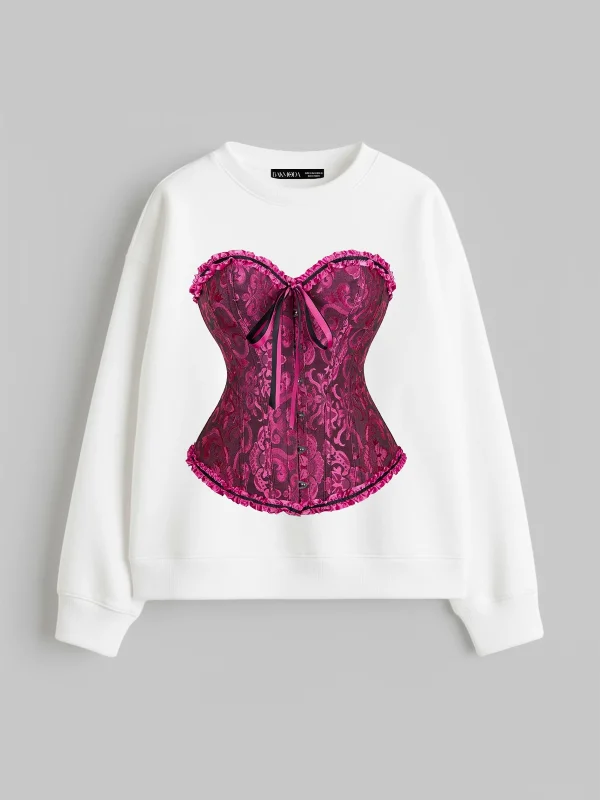 Sassy Corset Baskılı Kapüşonsuz Relaxed Fit Kadın Beyaz Sweatshirt