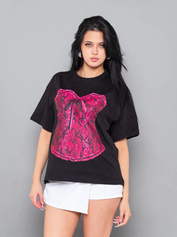 Sassy Corset Baskılı Relaxed Fit Siyah Kadın Tshirt