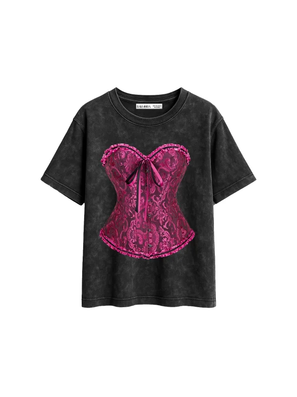 Sassy Corset Baskılı Relaxed Fit Yıkamalı Siyah Kadın Tshirt