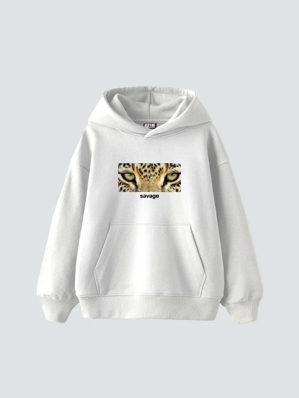 Savage Baskılı Oversize Unisex Premium Beyaz Hoodie